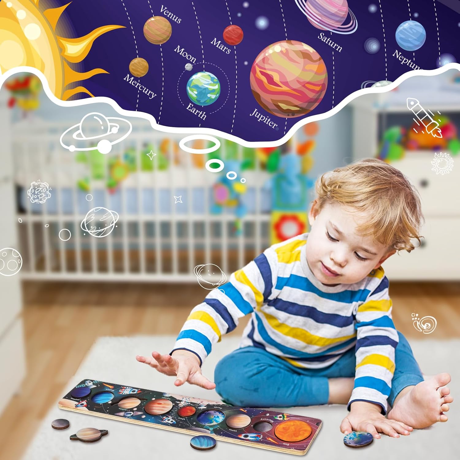 Children Wooden Space Planet P - đánh giá và giá Montessori Shelf Toy